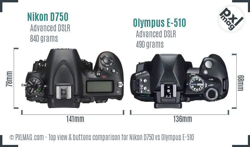 Nikon D750 vs Olympus E-510 top view buttons comparison