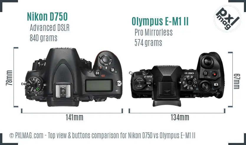 Nikon D750 vs Olympus E-M1 II top view buttons comparison