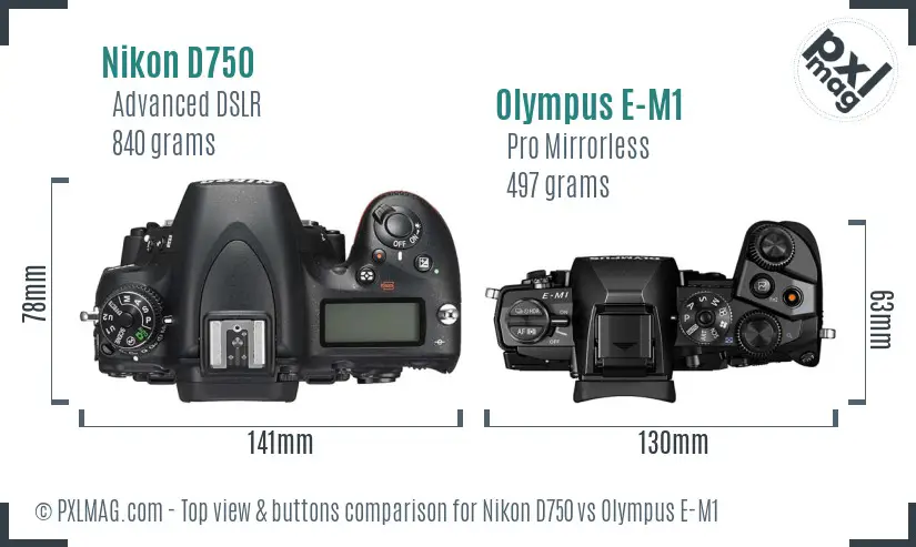 Nikon D750 vs Olympus E-M1 top view buttons comparison