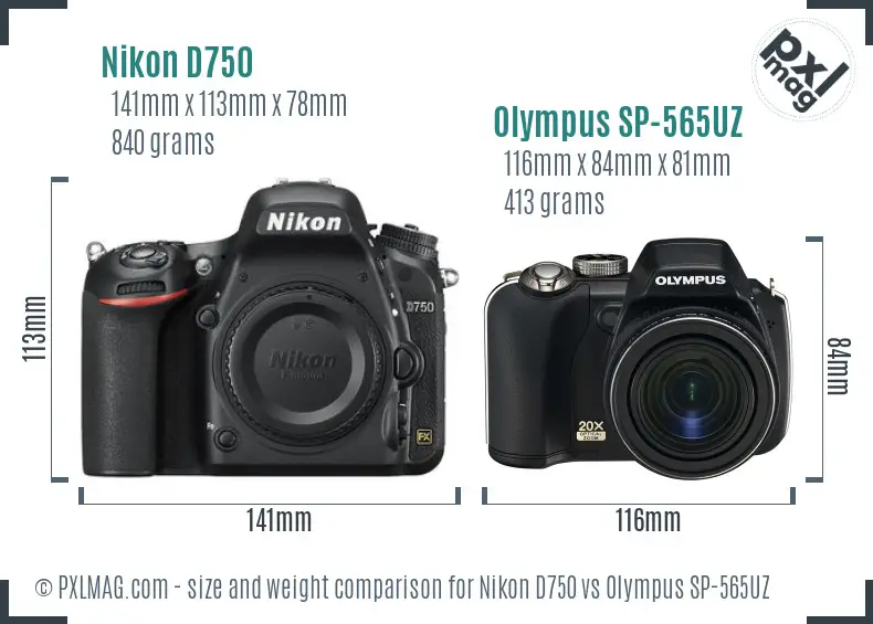 Nikon D750 vs Olympus SP-565UZ size comparison