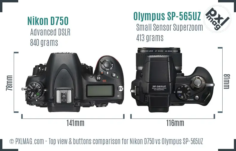 Nikon D750 vs Olympus SP-565UZ top view buttons comparison