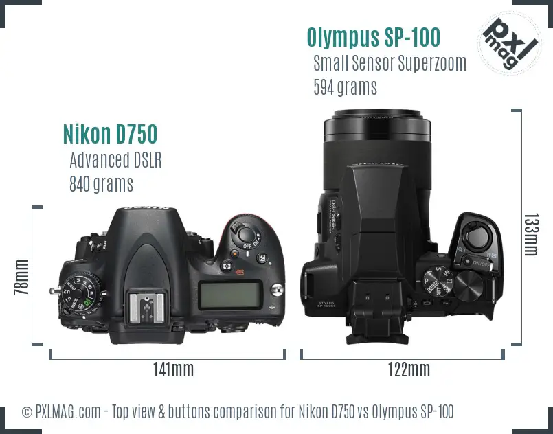Nikon D750 vs Olympus SP-100 top view buttons comparison Nikon D750 vs Olympus SP-100 top view buttons comparison