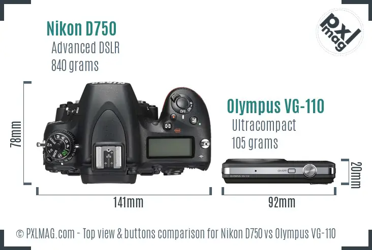 Nikon D750 vs Olympus VG-110 top view buttons comparison