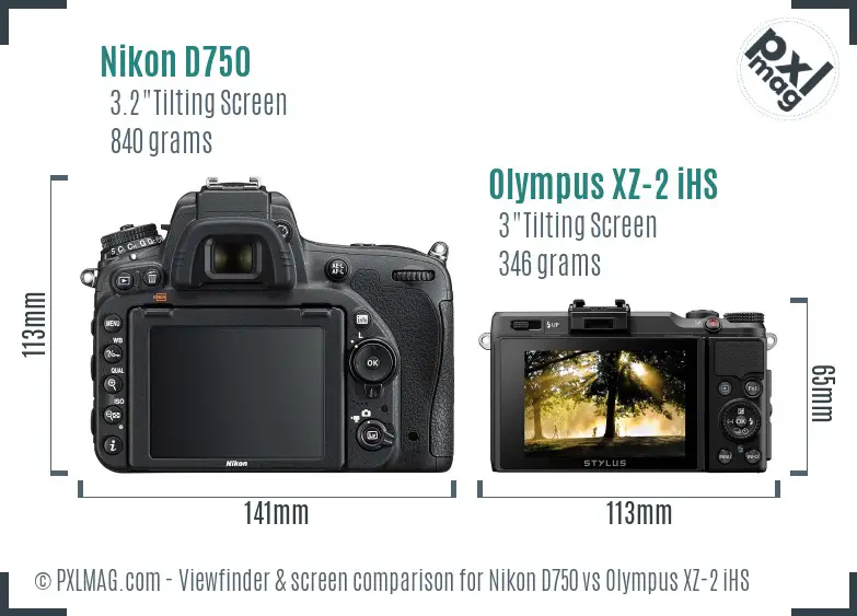 Nikon D750 vs Olympus XZ-2 iHS Screen and Viewfinder comparison