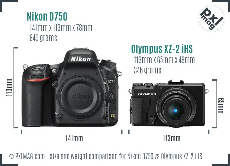 Nikon D750 vs Olympus XZ-2 iHS size comparison