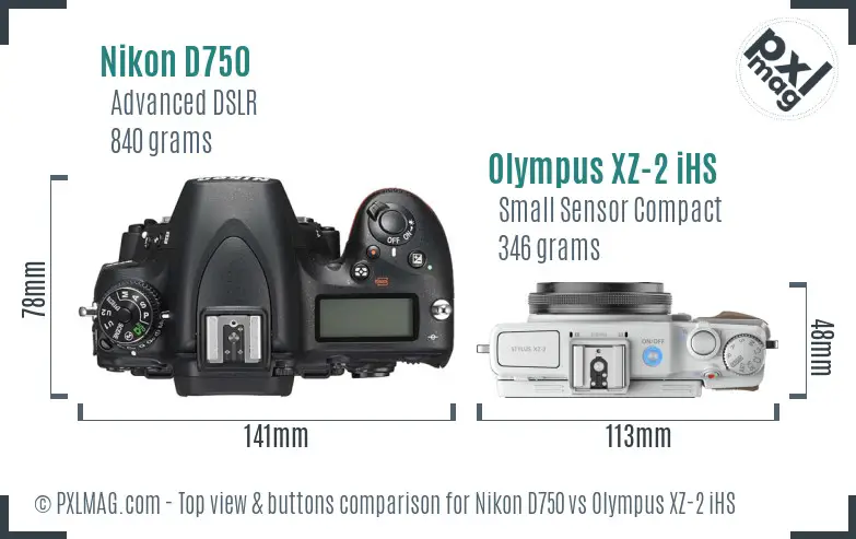 Nikon D750 vs Olympus XZ-2 iHS top view buttons comparison