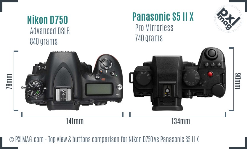 Nikon D750 vs Panasonic S5 II X top view buttons comparison