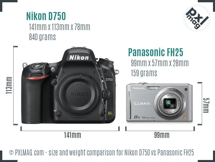 Nikon D750 vs Panasonic FH25 size comparison