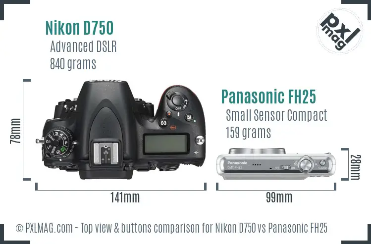 Nikon D750 vs Panasonic FH25 top view buttons comparison