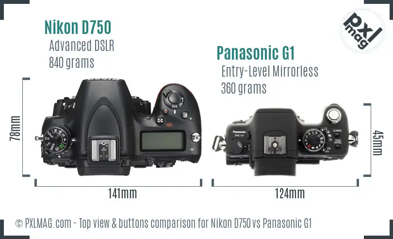Nikon D750 vs Panasonic G1 top view buttons comparison
