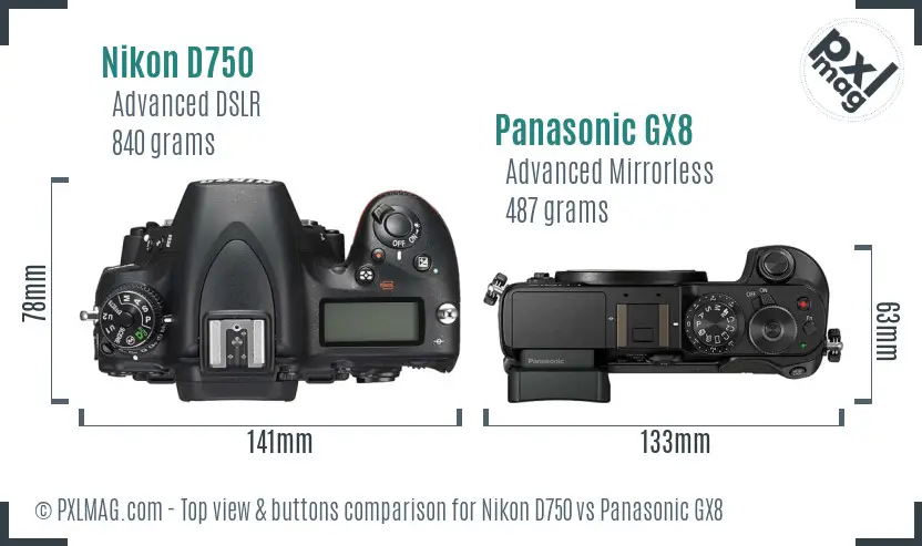 Nikon D750 vs Panasonic GX8 top view buttons comparison