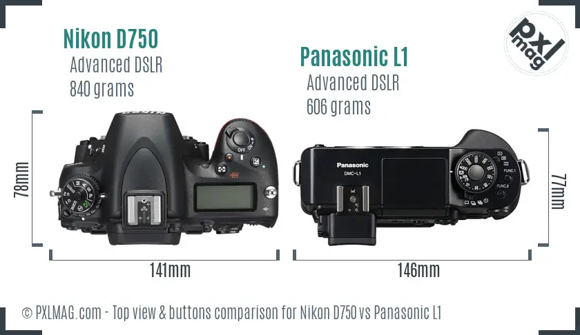 Nikon D750 vs Panasonic L1 top view buttons comparison