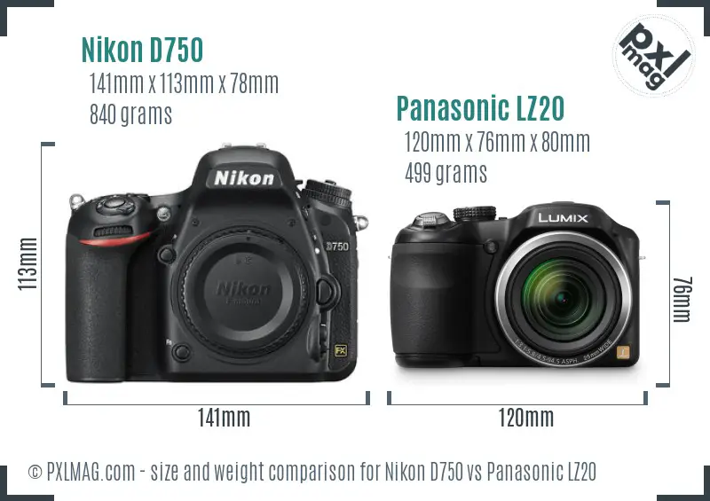 Nikon D750 vs Panasonic LZ20 size comparison