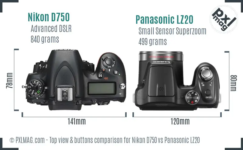 Nikon D750 vs Panasonic LZ20 top view buttons comparison