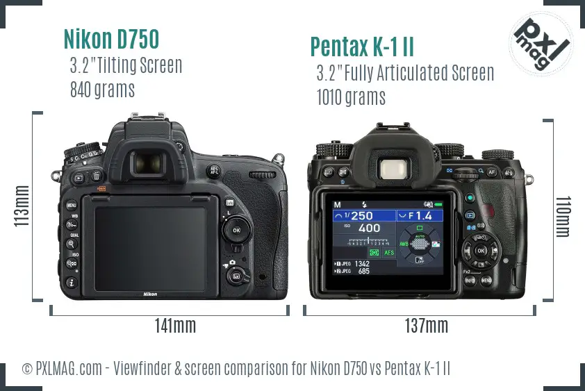 Nikon D750 vs Pentax K-1 II Screen and Viewfinder comparison