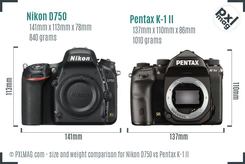 Nikon D750 vs Pentax K-1 II size comparison