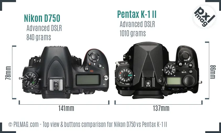 Nikon D750 vs Pentax K-1 II top view buttons comparison