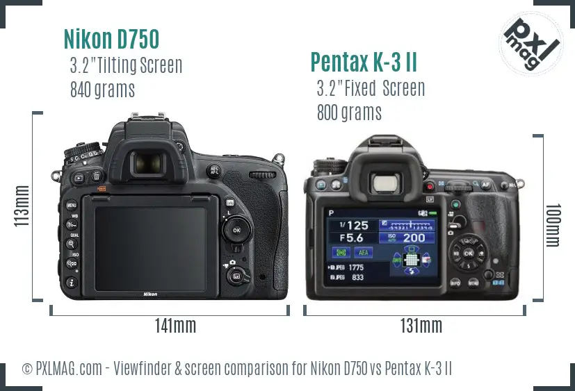 Nikon D750 vs Pentax K-3 II Screen and Viewfinder comparison