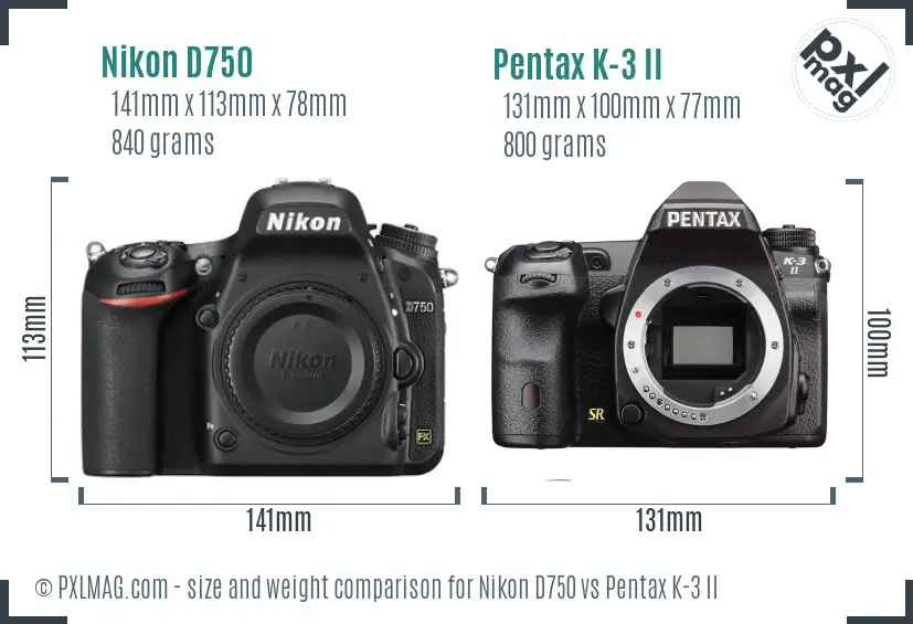 Nikon D750 vs Pentax K-3 II size comparison