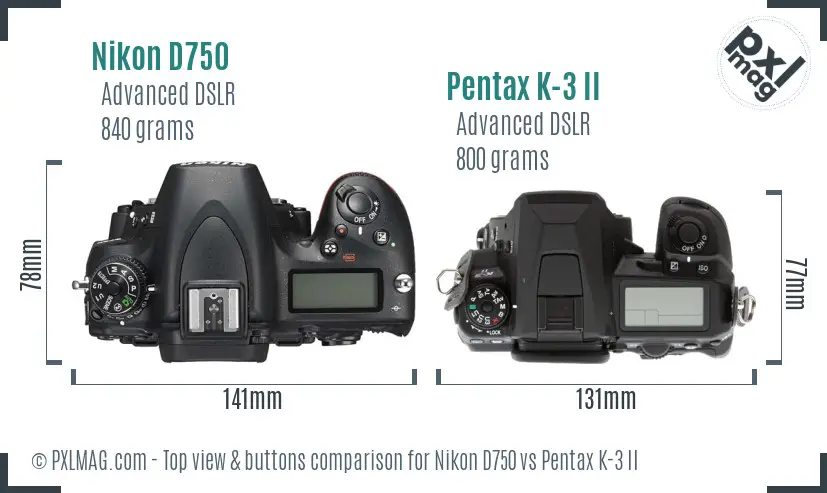 Nikon D750 vs Pentax K-3 II top view buttons comparison