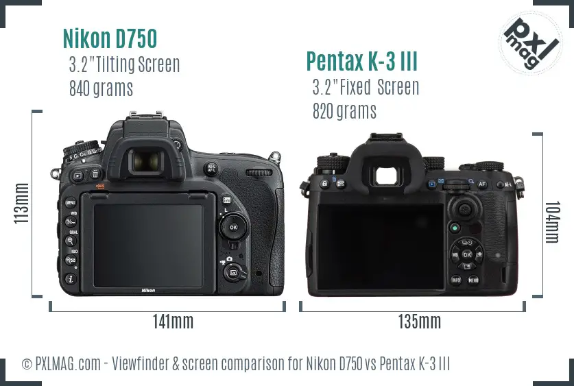 Nikon D750 vs Pentax K-3 III Screen and Viewfinder comparison