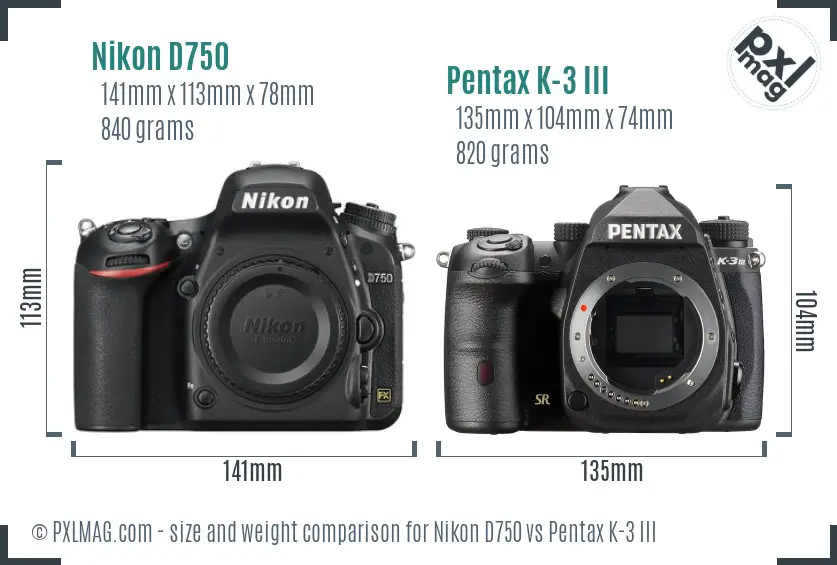 Nikon D750 vs Pentax K-3 III size comparison