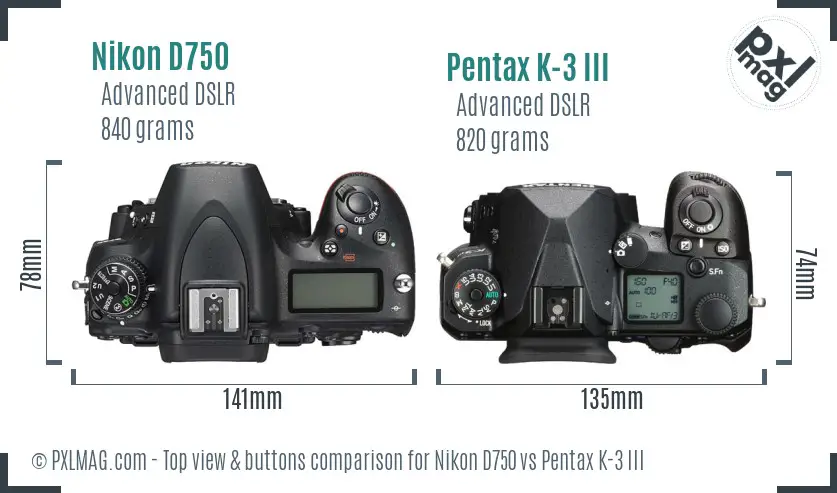 Nikon D750 vs Pentax K-3 III top view buttons comparison