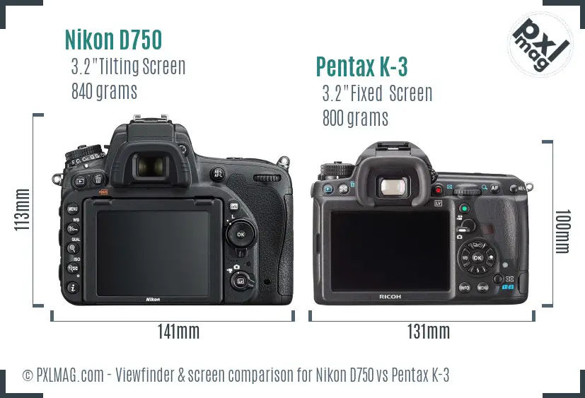 Nikon D750 vs Pentax K-3 Screen and Viewfinder comparison