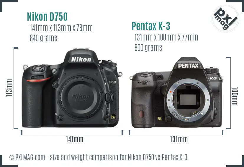Nikon D750 vs Pentax K-3 size comparison