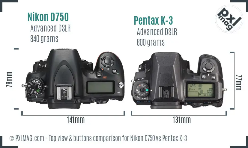 Nikon D750 vs Pentax K-3 top view buttons comparison