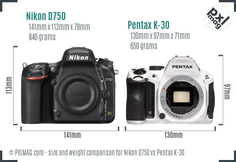 Nikon D750 vs Pentax K-30 size comparison