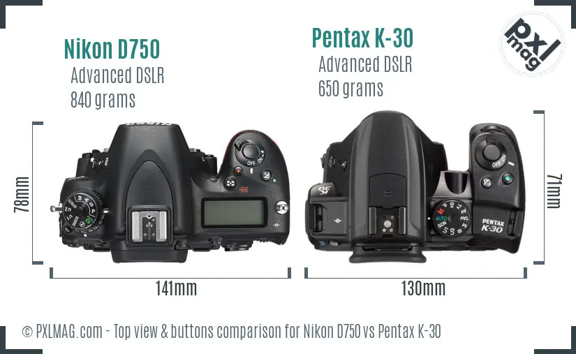 Nikon D750 vs Pentax K-30 top view buttons comparison