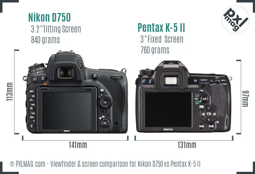 Nikon D750 vs Pentax K-5 II Screen and Viewfinder comparison