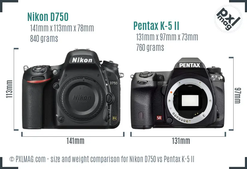 Nikon D750 vs Pentax K-5 II size comparison