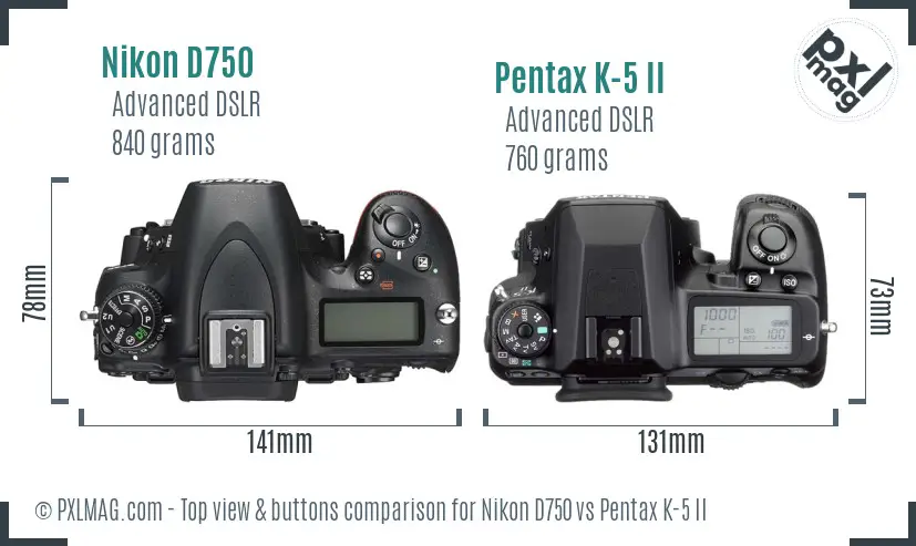 Nikon D750 vs Pentax K-5 II top view buttons comparison