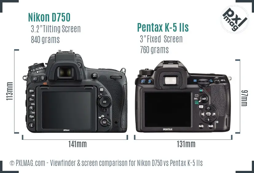 Nikon D750 vs Pentax K-5 IIs Screen and Viewfinder comparison