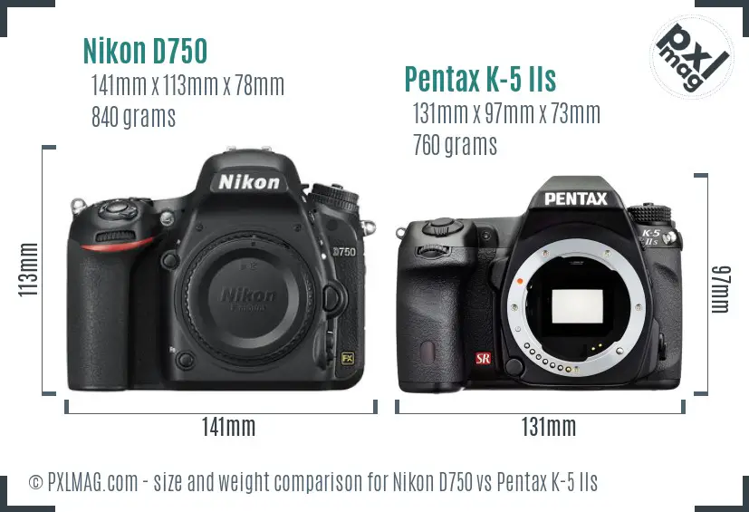 Nikon D750 vs Pentax K-5 IIs size comparison