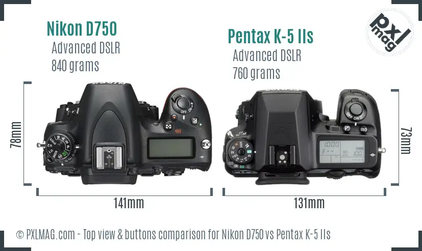 Nikon D750 vs Pentax K-5 IIs top view buttons comparison