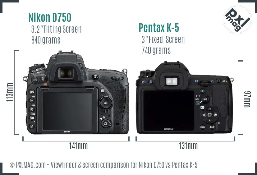 Nikon D750 vs Pentax K-5 Screen and Viewfinder comparison