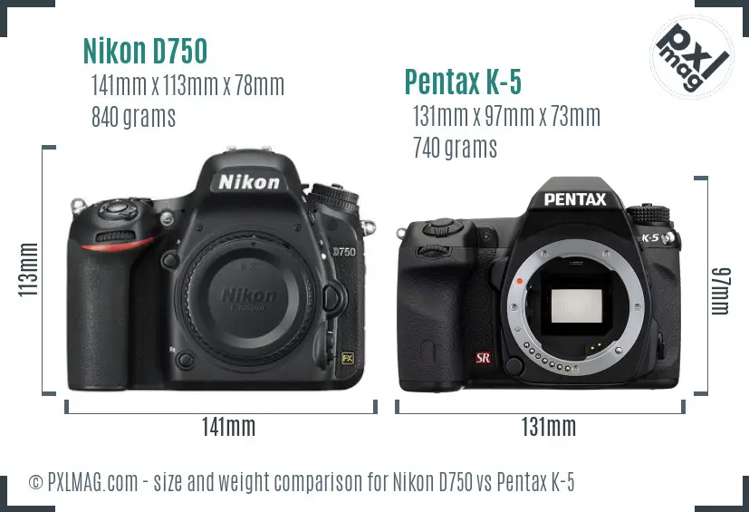 Nikon D750 vs Pentax K-5 size comparison