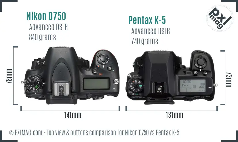 Nikon D750 vs Pentax K-5 top view buttons comparison