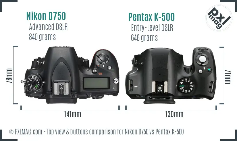 Nikon D750 vs Pentax K-500 top view buttons comparison Nikon D750 vs Pentax K-500 top view buttons comparison