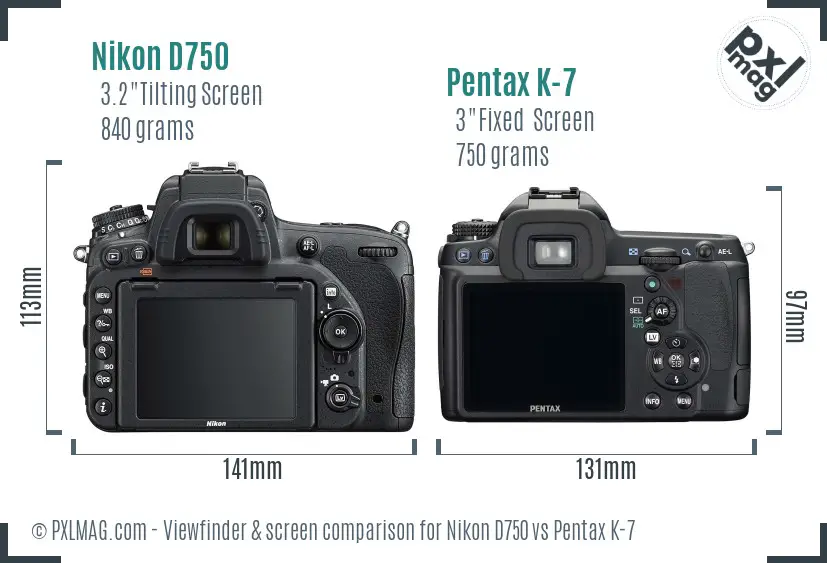 Nikon D750 vs Pentax K-7 Screen and Viewfinder comparison