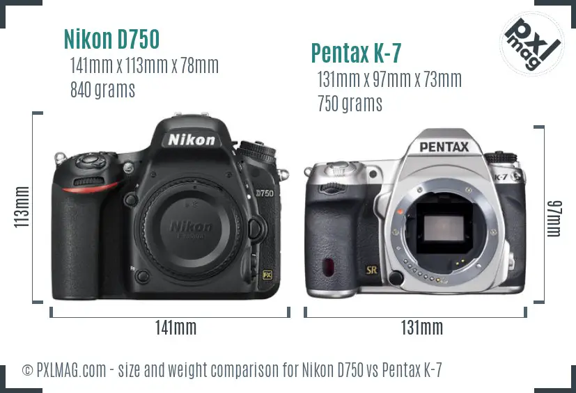 Nikon D750 vs Pentax K-7 size comparison