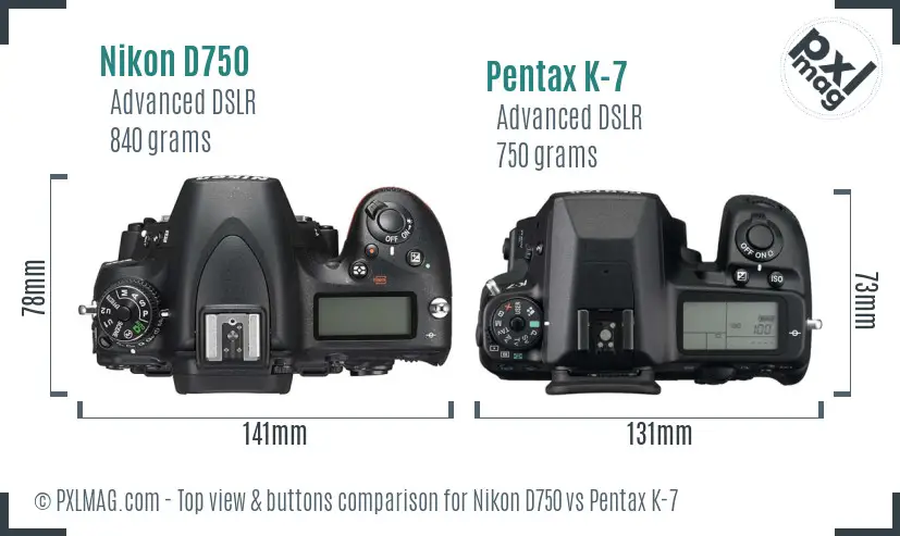 Nikon D750 vs Pentax K-7 top view buttons comparison
