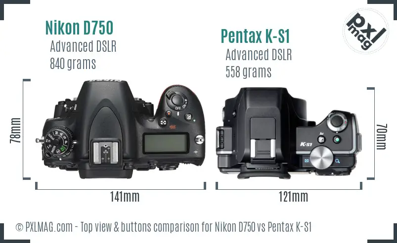 Nikon D750 vs Pentax K-S1 top view buttons comparison Nikon D750 vs Pentax K-S1 top view buttons comparison