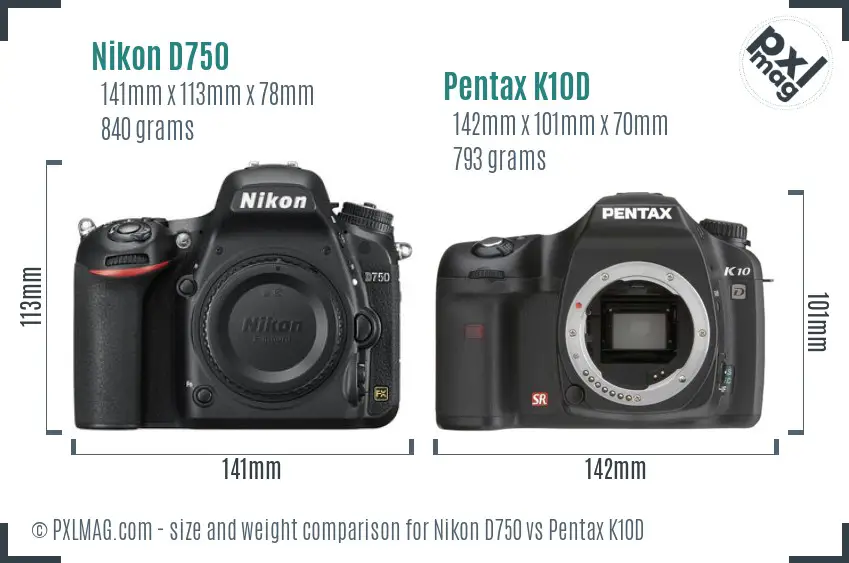 Nikon D750 vs Pentax K10D size comparison
