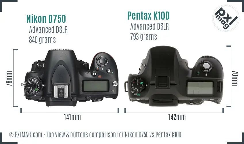 Nikon D750 vs Pentax K10D top view buttons comparison