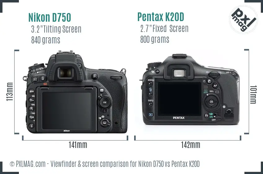 Nikon D750 vs Pentax K20D Screen and Viewfinder comparison