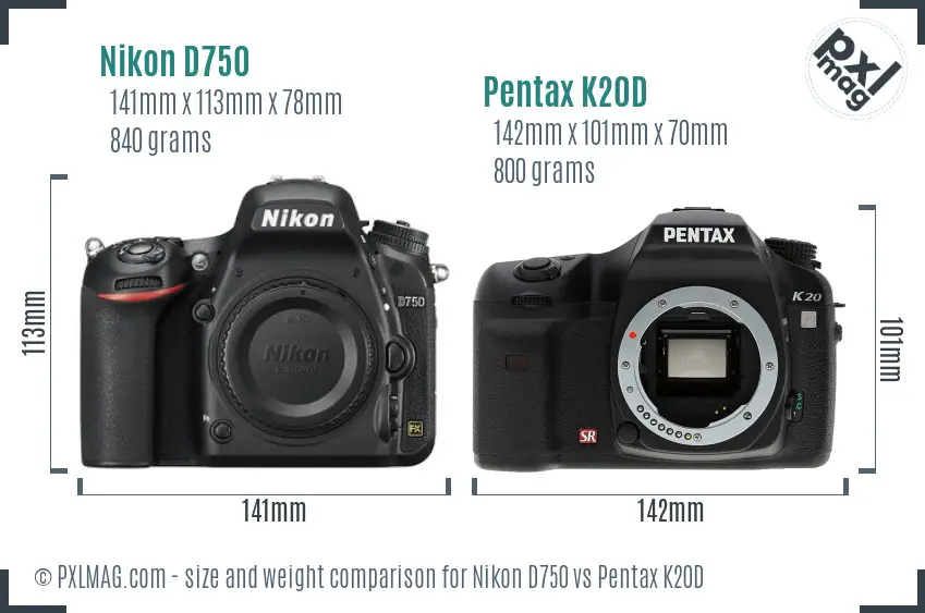 Nikon D750 vs Pentax K20D size comparison